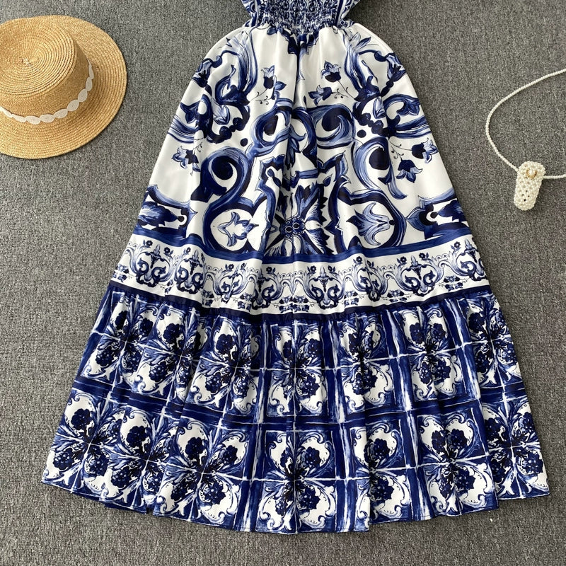 Women's V-Neck Red Blue and White Print Spaghetti Strap Holiday Maxi Dress Summer Runway Floral Print Vacation Long Robes