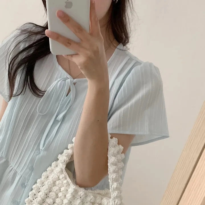 New round Ne ort Sve irt Women's Gentle Faion Sweet Simple Slimming Versatile Tie Waist Top Commute Sle Pure Color