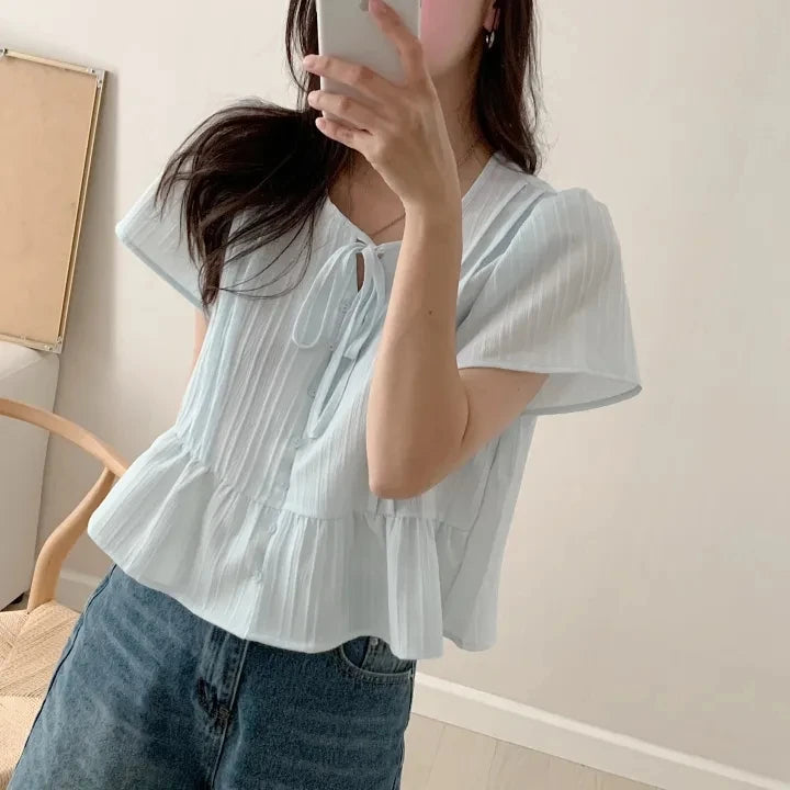 New round Ne ort Sve irt Women's Gentle Faion Sweet Simple Slimming Versatile Tie Waist Top Commute Sle Pure Color
