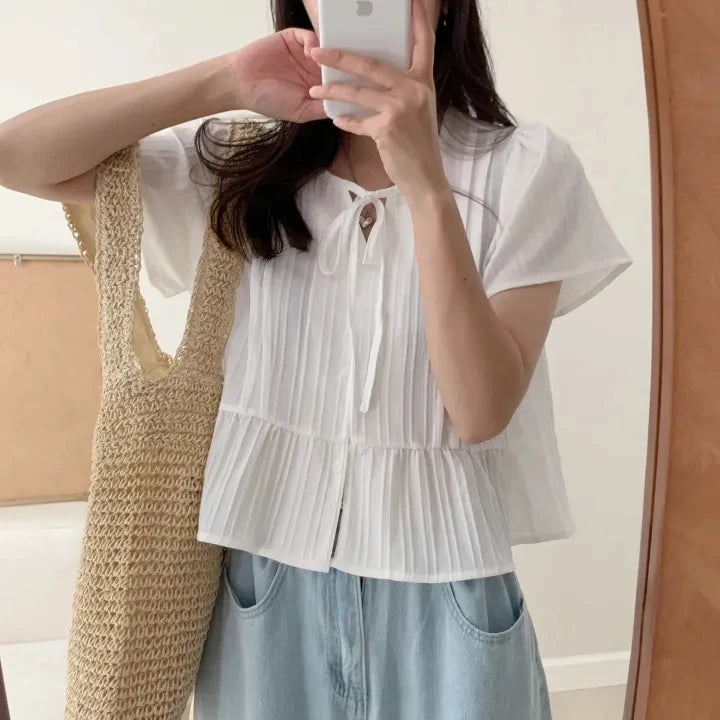 New round Ne ort Sve irt Women's Gentle Faion Sweet Simple Slimming Versatile Tie Waist Top Commute Sle Pure Color
