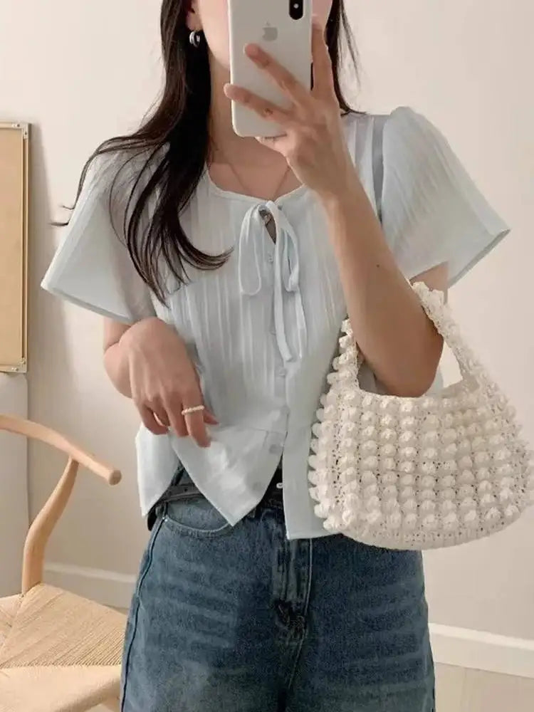 New round Ne ort Sve irt Women's Gentle Faion Sweet Simple Slimming Versatile Tie Waist Top Commute Sle Pure Color