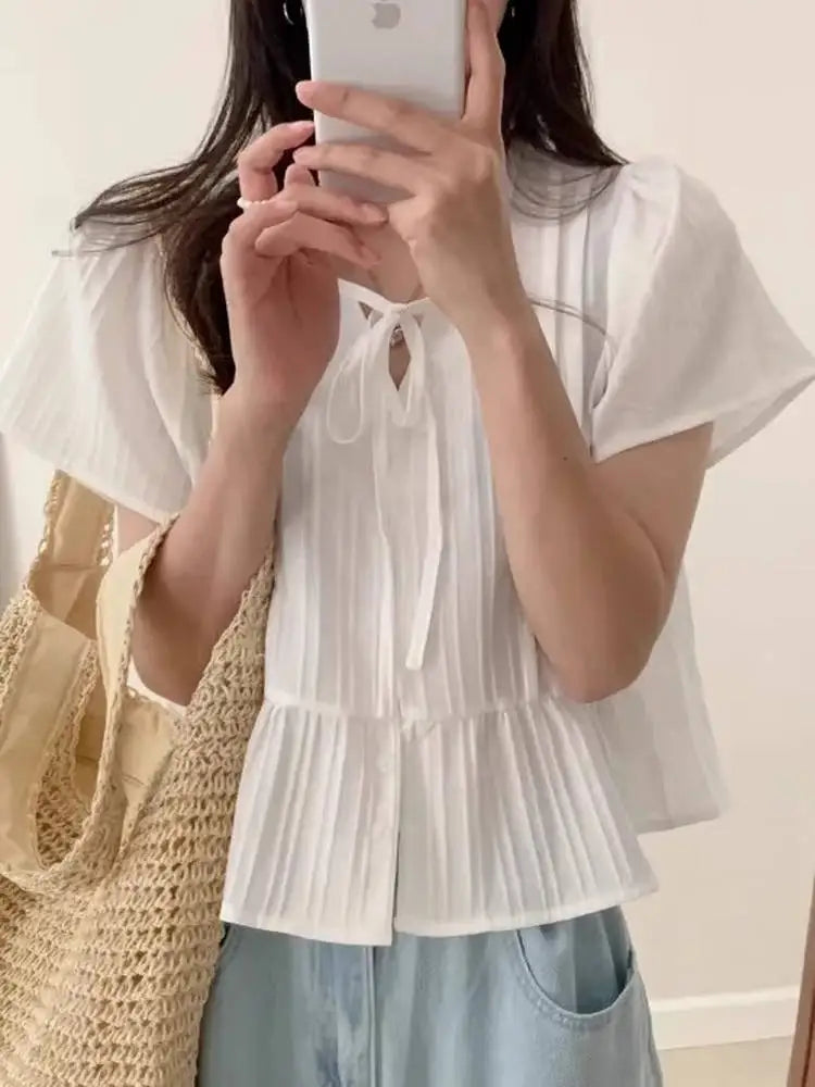 New round Ne ort Sve irt Women's Gentle Faion Sweet Simple Slimming Versatile Tie Waist Top Commute Sle Pure Color