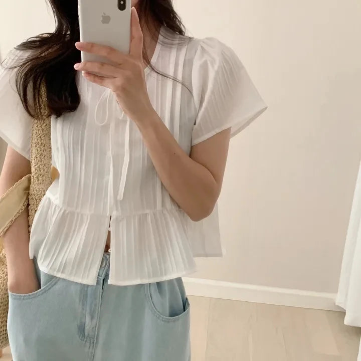 New round Ne ort Sve irt Women's Gentle Faion Sweet Simple Slimming Versatile Tie Waist Top Commute Sle Pure Color