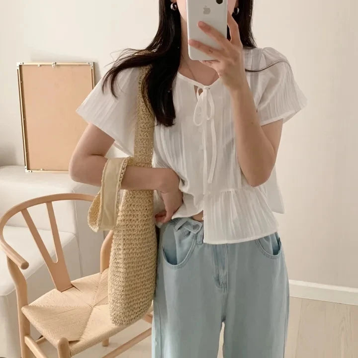 New round Ne ort Sve irt Women's Gentle Faion Sweet Simple Slimming Versatile Tie Waist Top Commute Sle Pure Color