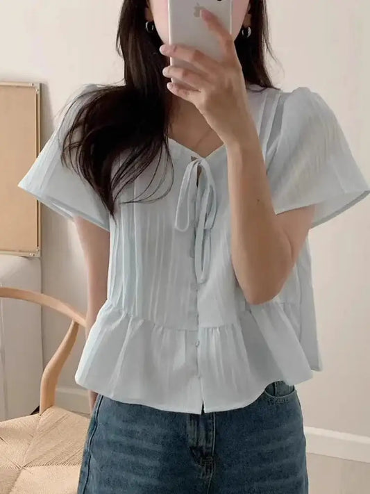 New round Ne ort Sve irt Women's Gentle Faion Sweet Simple Slimming Versatile Tie Waist Top Commute Sle Pure Color