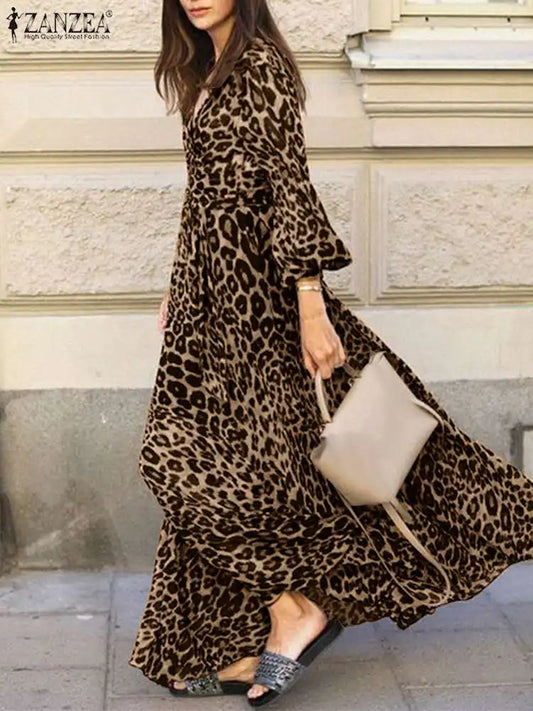 Vintage Women Long Sleeve Leopard Dresses ZANZEA Autumn Sundress Fashion Maxi Long Dress Party Vestidos Female V Neck Print Robe