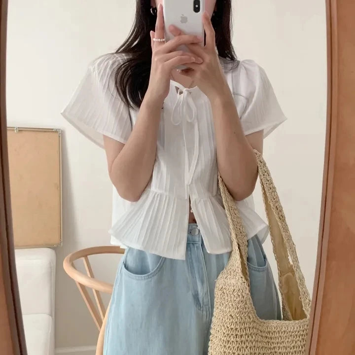 New round Ne ort Sve irt Women's Gentle Faion Sweet Simple Slimming Versatile Tie Waist Top Commute Sle Pure Color