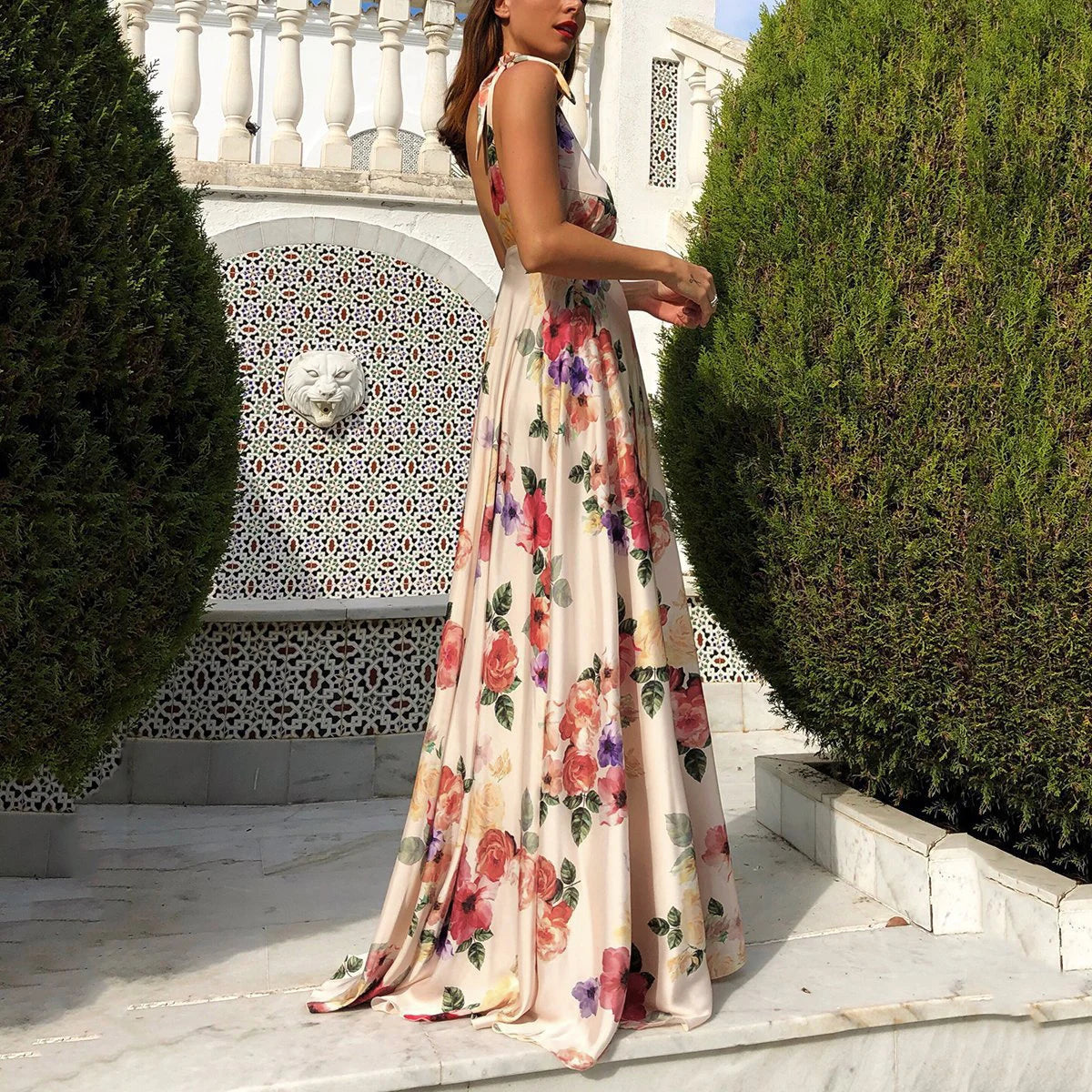 Boho style long dress Beach holiday dress halter maxi print dress Summer slip dress women's dress