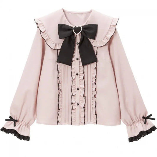 Kawaii Womens Shirts Lolita Y2K Cute Japanese Style Blouse Elegant Long Sleeve Sweet Tops Casual Office Ladies Aesthetic Shirt