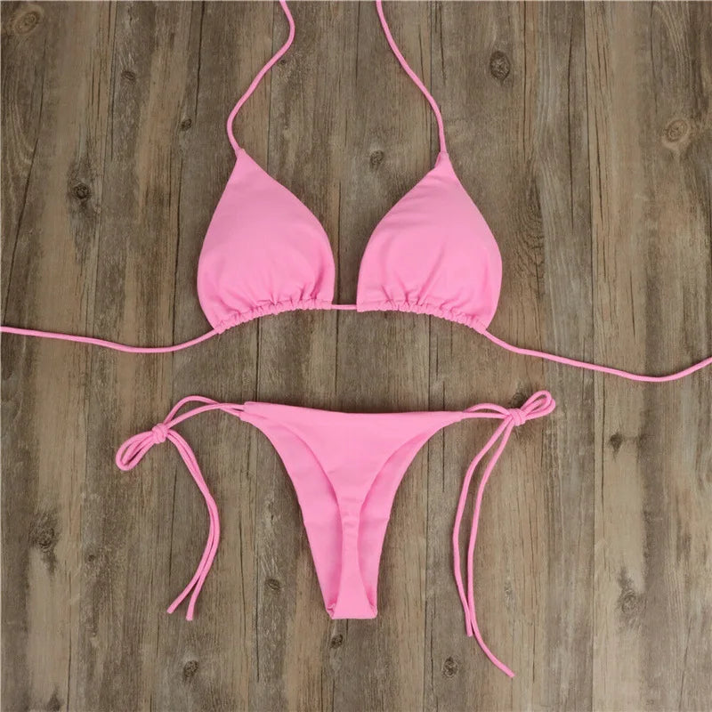2025 Sexy Halter Solid color Bikini Set Women's Swimsuit Two-piece Triangle Thong Swimwear Bathing Suit for Beach Biquinis