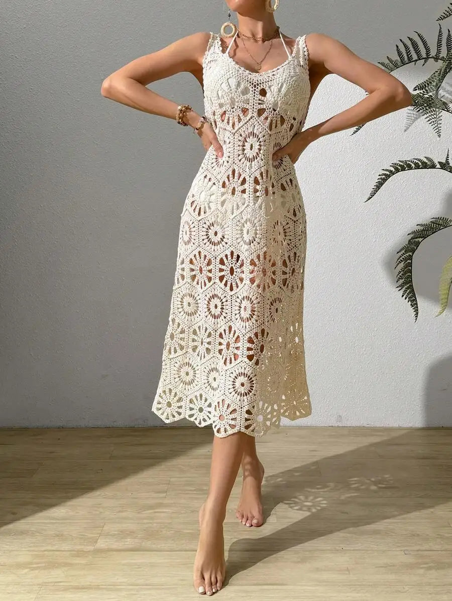 3D Flower Knitted Sling Long Dress Women Sexy Deep V-neck Backless Sleeveless Lace Up Femme Robes 2024 Summer Beach Dresses
