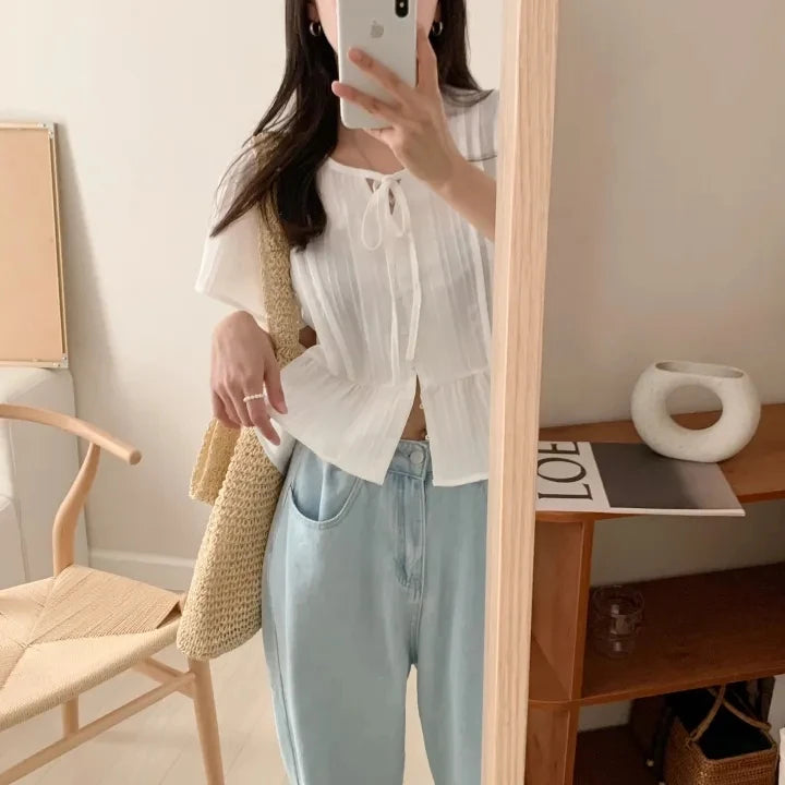 New round Ne ort Sve irt Women's Gentle Faion Sweet Simple Slimming Versatile Tie Waist Top Commute Sle Pure Color