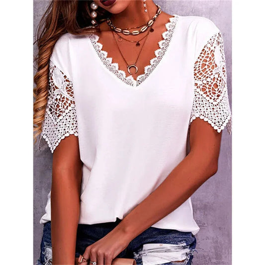 Summer Vintage Lace Trendy White Women Shirts Casual Elegant Chic Oversized Blouses Solid Color Streetwear Tops Women Clothing