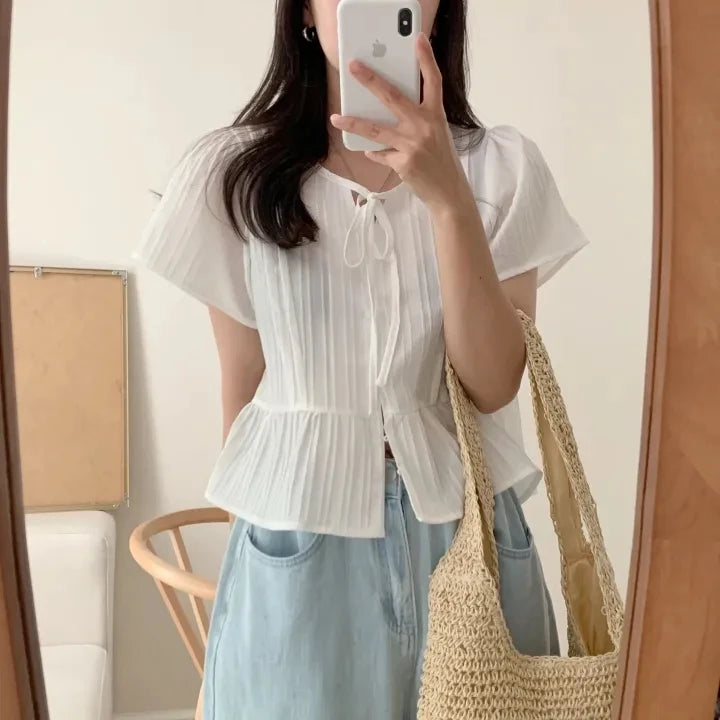 New round Ne ort Sve irt Women's Gentle Faion Sweet Simple Slimming Versatile Tie Waist Top Commute Sle Pure Color