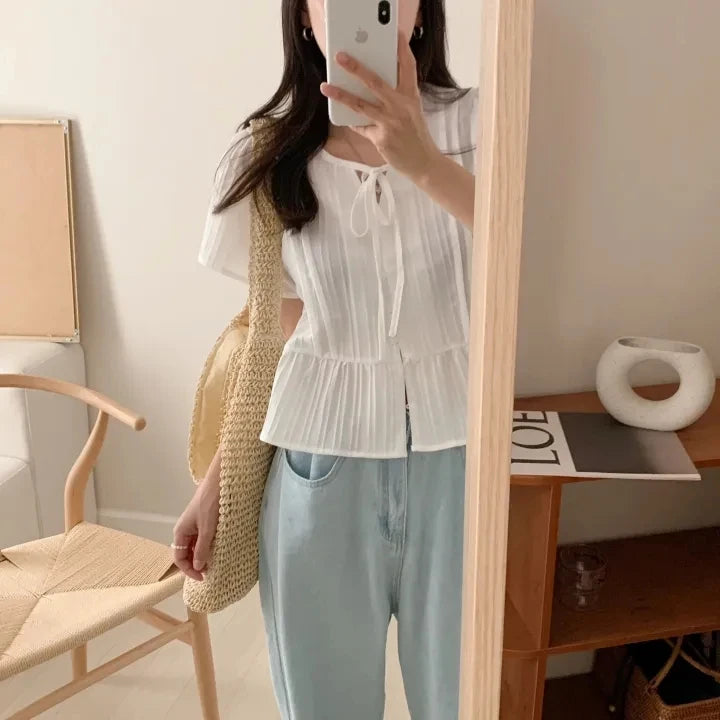 New round Ne ort Sve irt Women's Gentle Faion Sweet Simple Slimming Versatile Tie Waist Top Commute Sle Pure Color