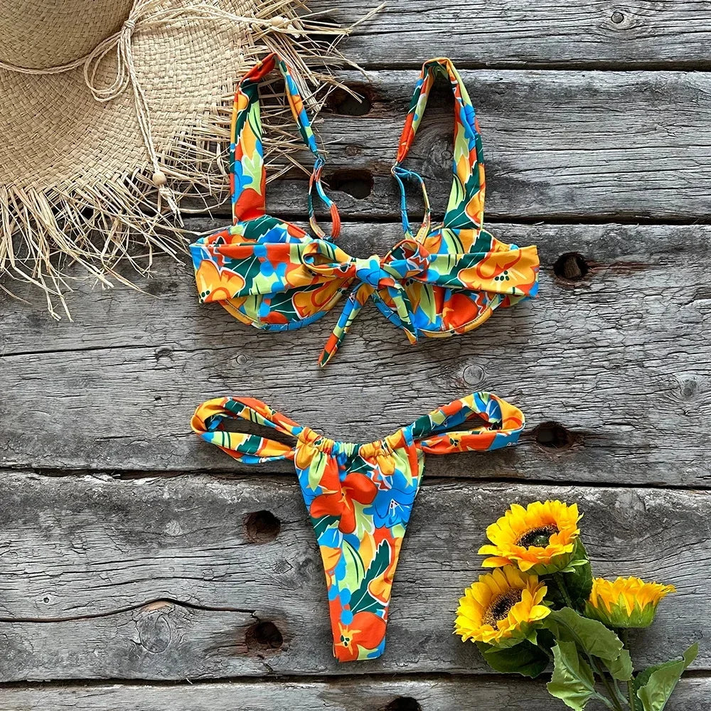 Push Up Bikini Micro Bikinis Set 2023 New Womens Swimsuit Sexy Female Swimwear Floral Bathing Suit Thong Biquini Swimming Suits