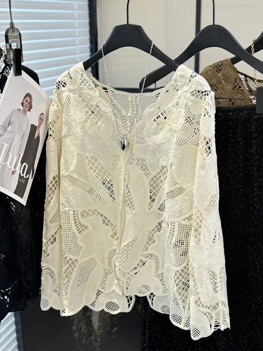 French Style Lace Shirts For Women Spring/Summer New Chic Embroidery Single Breasted Hollow Out Coats Elegant Long Sleeves Tops