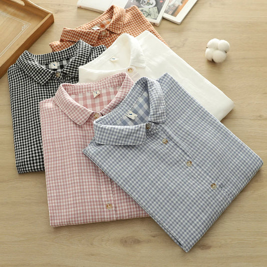 2025 Plus size women clothes mori girl spring summer fresh design pink orange blue check blouses women's plaid shirts