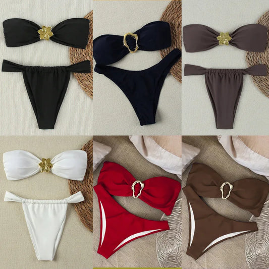 "2025 Sexy Bandeau Push-Up Bikini Set - Brazilian Thong Swimwear for Women"