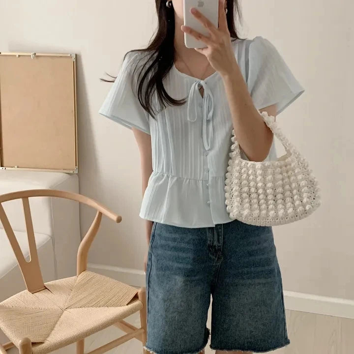 New round Ne ort Sve irt Women's Gentle Faion Sweet Simple Slimming Versatile Tie Waist Top Commute Sle Pure Color