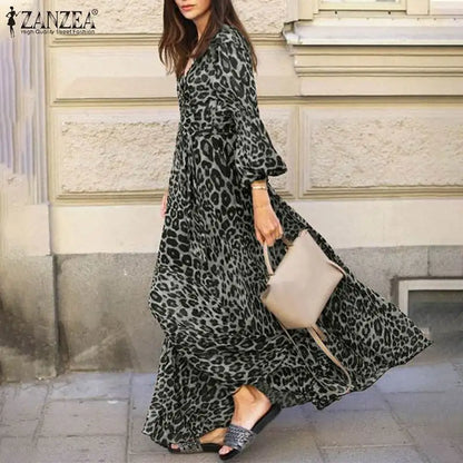 Vintage Women Long Sleeve Leopard Dresses ZANZEA Autumn Sundress Fashion Maxi Long Dress Party Vestidos Female V Neck Print Robe