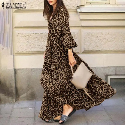 Vintage Women Long Sleeve Leopard Dresses ZANZEA Autumn Sundress Fashion Maxi Long Dress Party Vestidos Female V Neck Print Robe