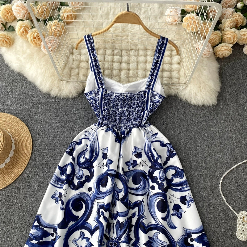 Women's V-Neck Red Blue and White Print Spaghetti Strap Holiday Maxi Dress Summer Runway Floral Print Vacation Long Robes