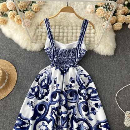 Women's V-Neck Red Blue and White Print Spaghetti Strap Holiday Maxi Dress Summer Runway Floral Print Vacation Long Robes