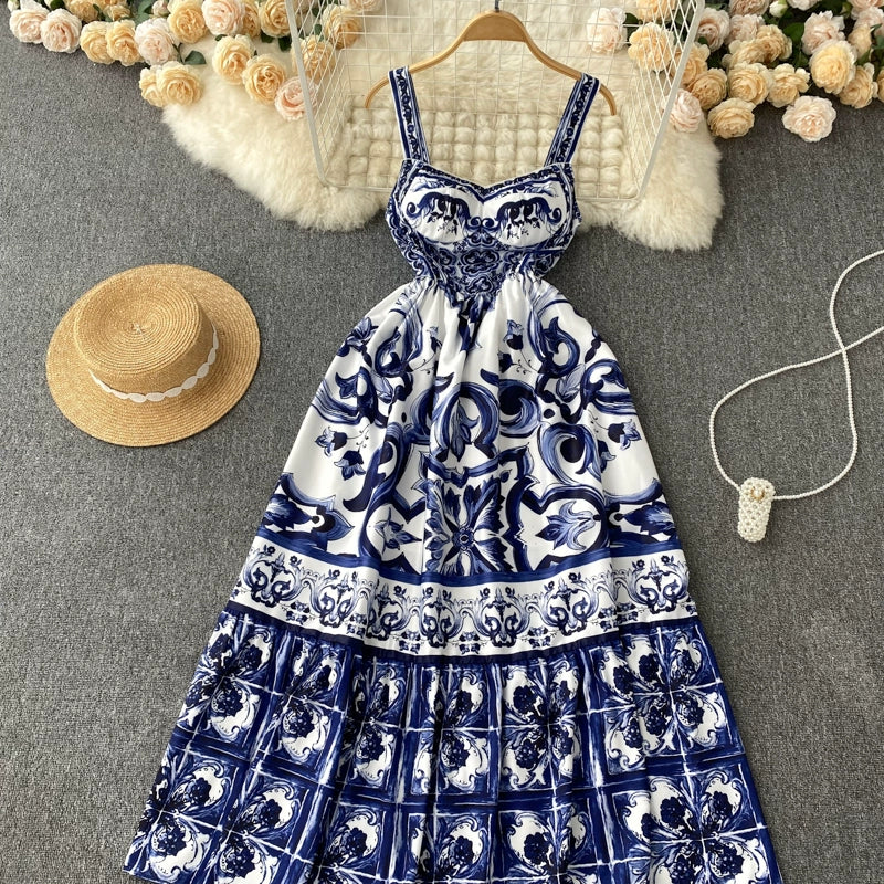 Women's V-Neck Red Blue and White Print Spaghetti Strap Holiday Maxi Dress Summer Runway Floral Print Vacation Long Robes