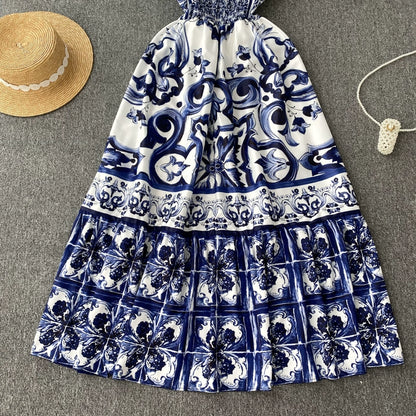 Women's V-Neck Red Blue and White Print Spaghetti Strap Holiday Maxi Dress Summer Runway Floral Print Vacation Long Robes