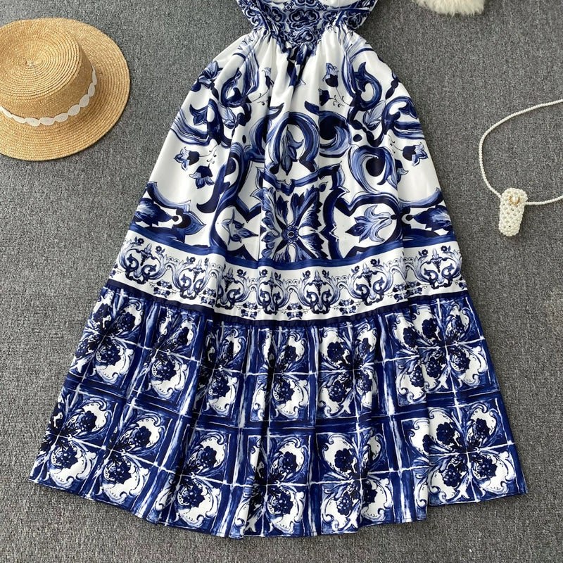 Women's V-Neck Red Blue and White Print Spaghetti Strap Holiday Maxi Dress Summer Runway Floral Print Vacation Long Robes