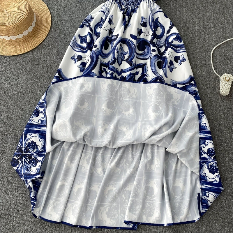 Women's V-Neck Red Blue and White Print Spaghetti Strap Holiday Maxi Dress Summer Runway Floral Print Vacation Long Robes