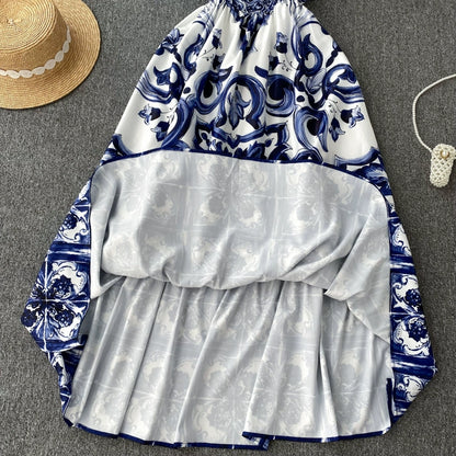 Women's V-Neck Red Blue and White Print Spaghetti Strap Holiday Maxi Dress Summer Runway Floral Print Vacation Long Robes