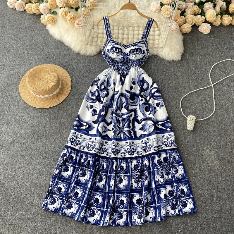 Women's V-Neck Red Blue and White Print Spaghetti Strap Holiday Maxi Dress Summer Runway Floral Print Vacation Long Robes