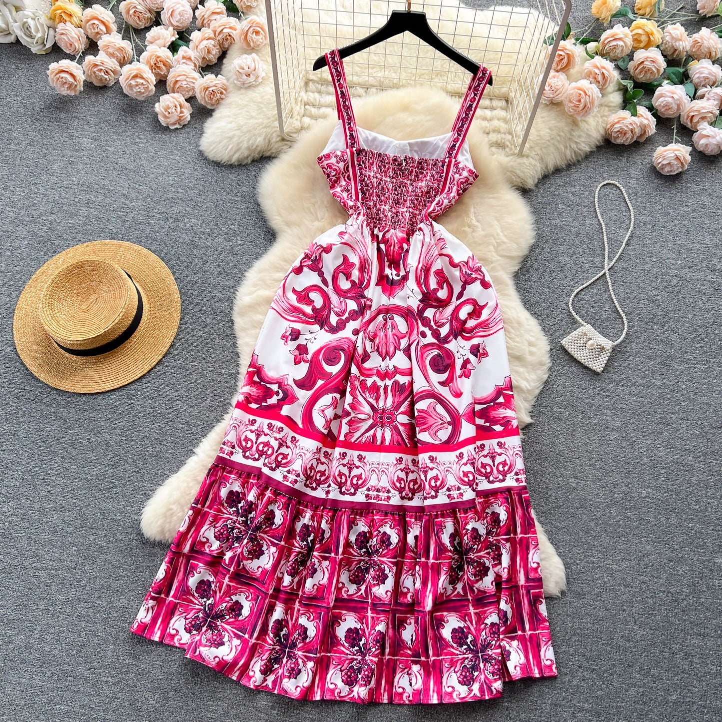 Women's V-Neck Red Blue and White Print Spaghetti Strap Holiday Maxi Dress Summer Runway Floral Print Vacation Long Robes
