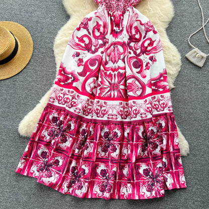 Women's V-Neck Red Blue and White Print Spaghetti Strap Holiday Maxi Dress Summer Runway Floral Print Vacation Long Robes