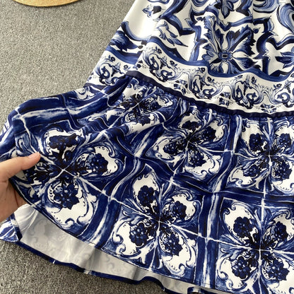 Women's V-Neck Red Blue and White Print Spaghetti Strap Holiday Maxi Dress Summer Runway Floral Print Vacation Long Robes