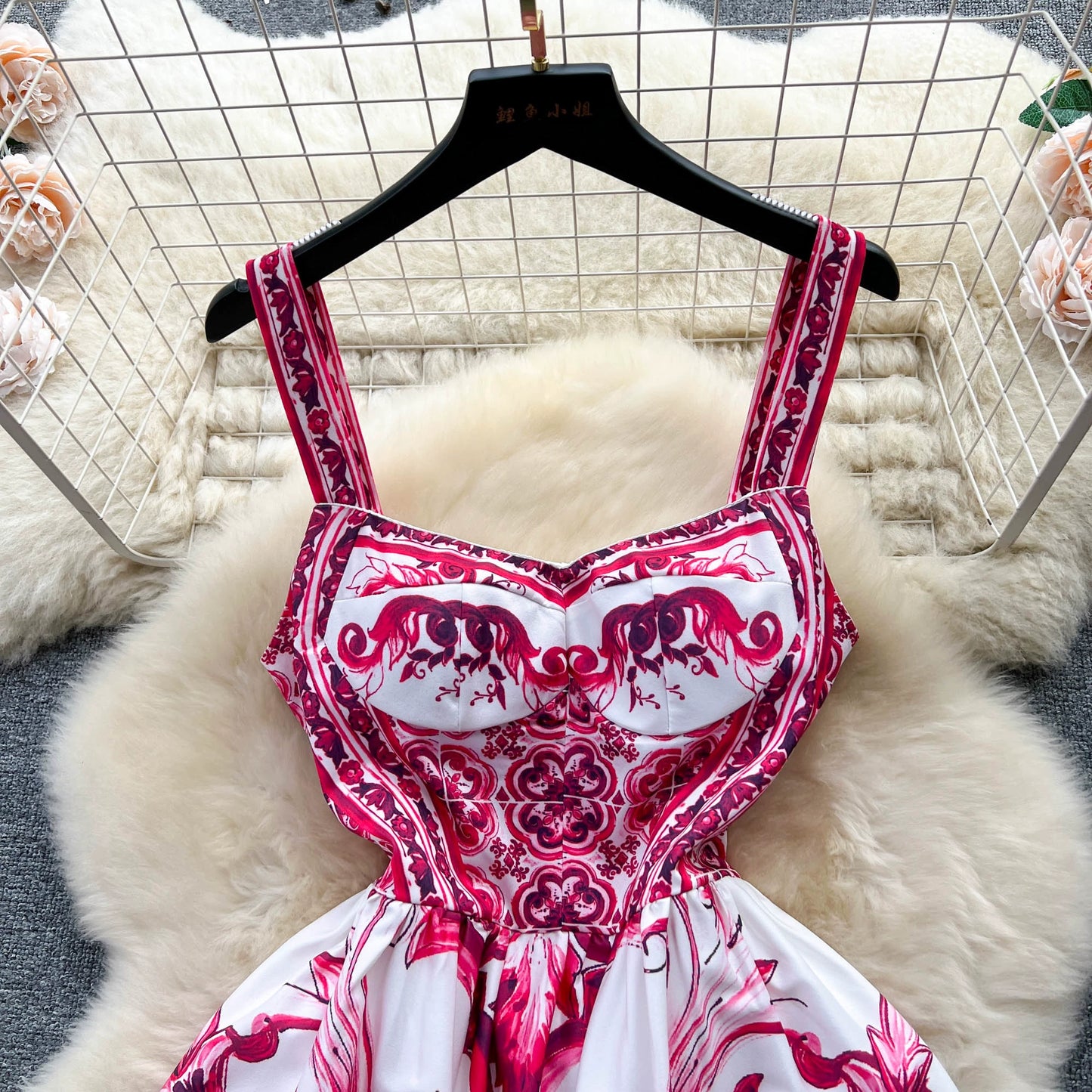 Women's V-Neck Red Blue and White Print Spaghetti Strap Holiday Maxi Dress Summer Runway Floral Print Vacation Long Robes