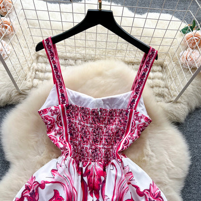 Women's V-Neck Red Blue and White Print Spaghetti Strap Holiday Maxi Dress Summer Runway Floral Print Vacation Long Robes
