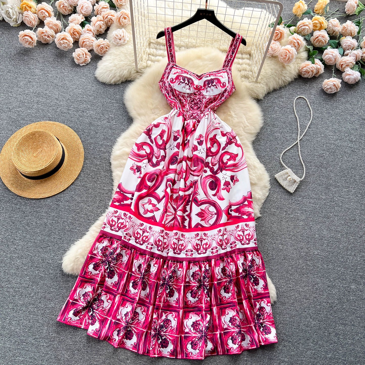 Women's V-Neck Red Blue and White Print Spaghetti Strap Holiday Maxi Dress Summer Runway Floral Print Vacation Long Robes
