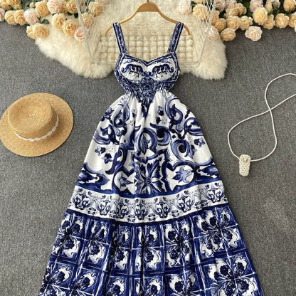 Women's V-Neck Red Blue and White Print Spaghetti Strap Holiday Maxi Dress Summer Runway Floral Print Vacation Long Robes