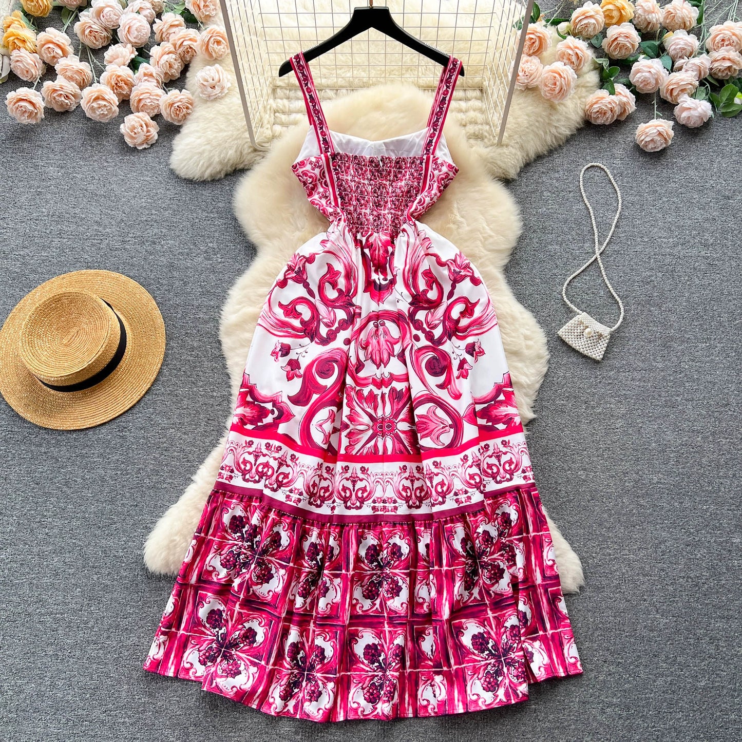 Women's V-Neck Red Blue and White Print Spaghetti Strap Holiday Maxi Dress Summer Runway Floral Print Vacation Long Robes
