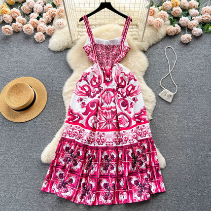 Women's V-Neck Red Blue and White Print Spaghetti Strap Holiday Maxi Dress Summer Runway Floral Print Vacation Long Robes