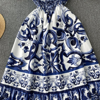 Women's V-Neck Red Blue and White Print Spaghetti Strap Holiday Maxi Dress Summer Runway Floral Print Vacation Long Robes