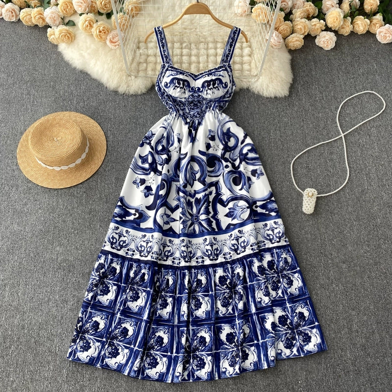 Women's V-Neck Red Blue and White Print Spaghetti Strap Holiday Maxi Dress Summer Runway Floral Print Vacation Long Robes
