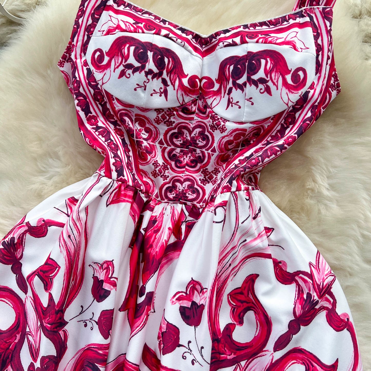 Women's V-Neck Red Blue and White Print Spaghetti Strap Holiday Maxi Dress Summer Runway Floral Print Vacation Long Robes