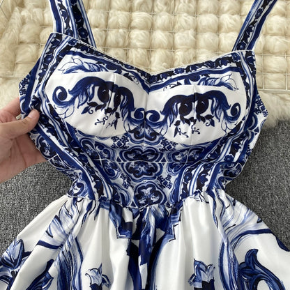 Women's V-Neck Red Blue and White Print Spaghetti Strap Holiday Maxi Dress Summer Runway Floral Print Vacation Long Robes