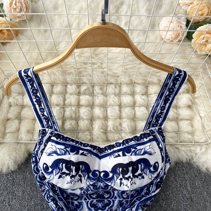 Women's V-Neck Red Blue and White Print Spaghetti Strap Holiday Maxi Dress Summer Runway Floral Print Vacation Long Robes