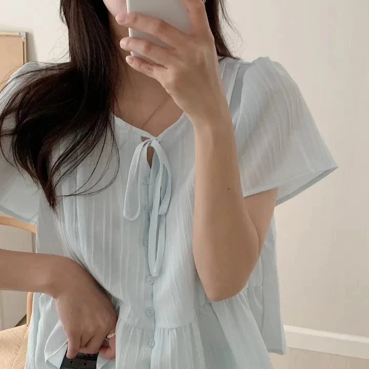New round Ne ort Sve irt Women's Gentle Faion Sweet Simple Slimming Versatile Tie Waist Top Commute Sle Pure Color