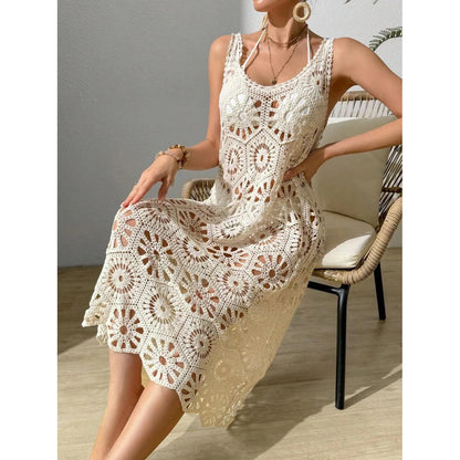 3D Flower Knitted Sling Long Dress Women Sexy Deep V-neck Backless Sleeveless Lace Up Femme Robes 2024 Summer Beach Dresses